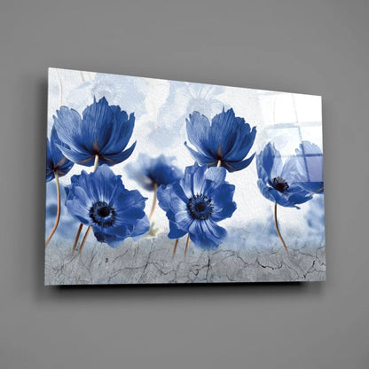 Stunning blue anemone textured canvas wall art on cracked white background