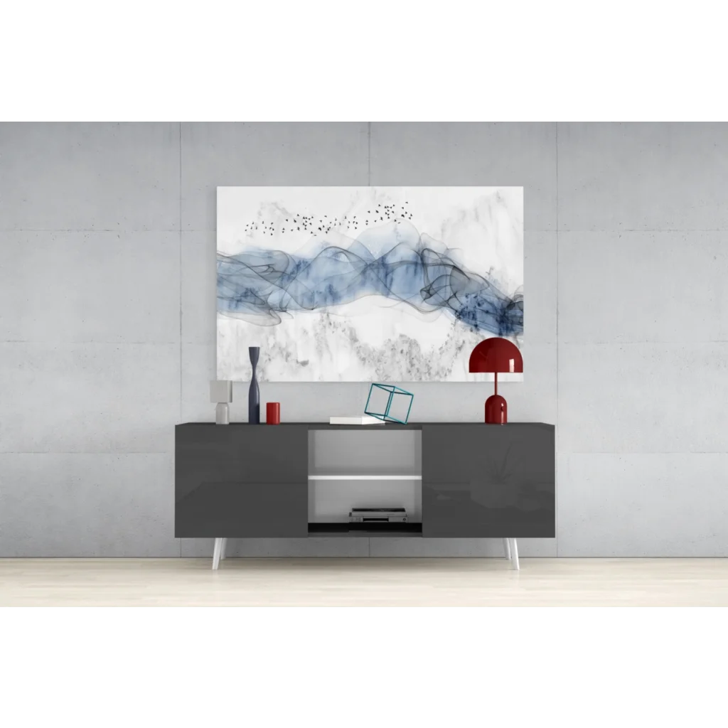 Abstract blue ink strokes with black birds in flight glass wall art canvas print