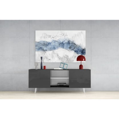 Abstract blue ink strokes with black birds in flight glass wall art canvas print