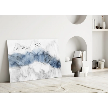 Abstract blue marble birds in flight glass wall art canvas print