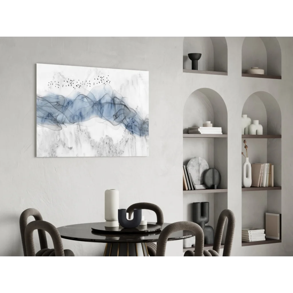 Modern abstract blue gray ink strokes with black bird specks on glass wall art canvas