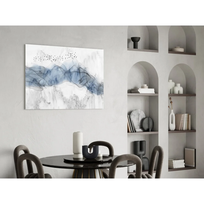 Modern abstract blue gray ink strokes with black bird specks on glass wall art canvas