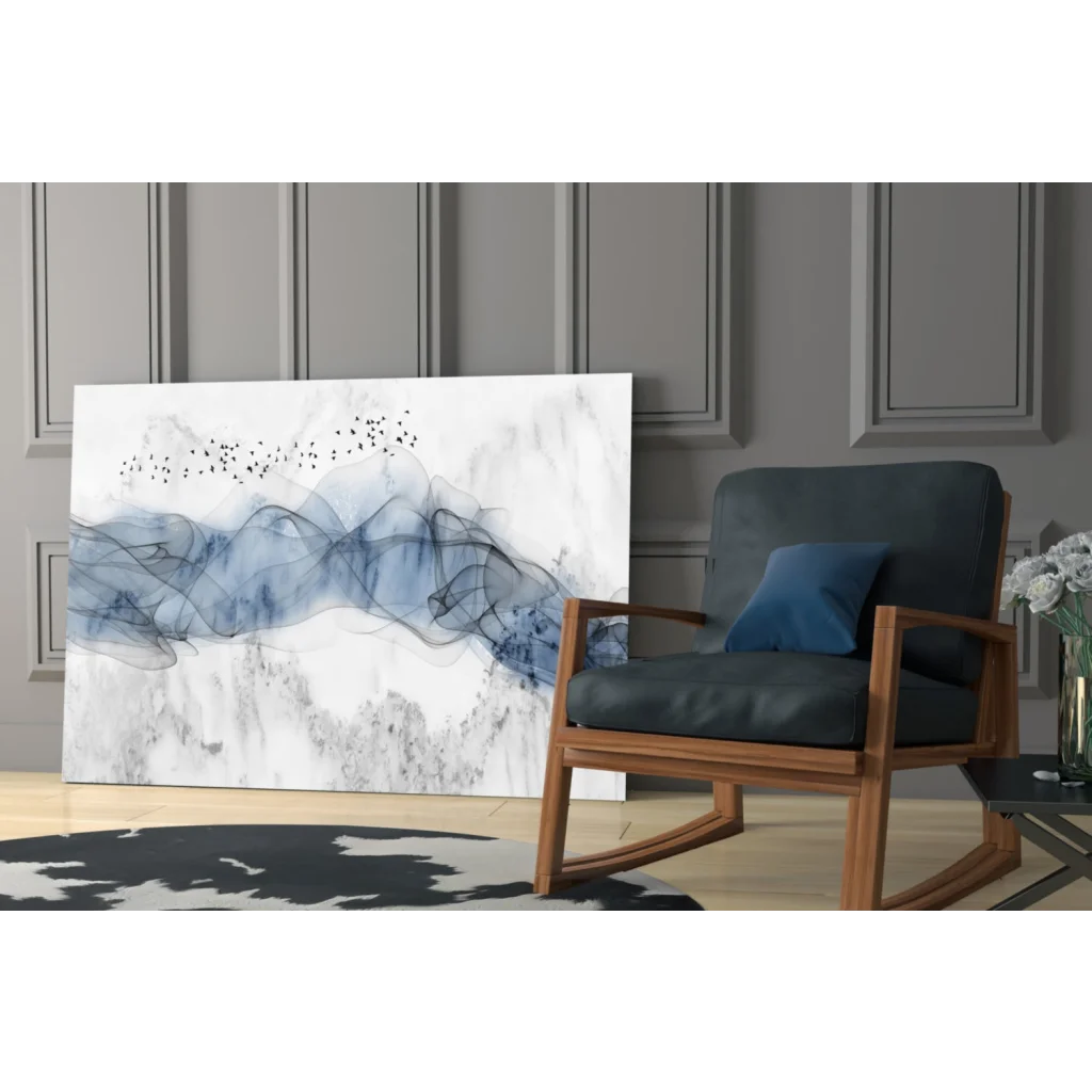 Blue marble birds in flight glass wall art canvas print