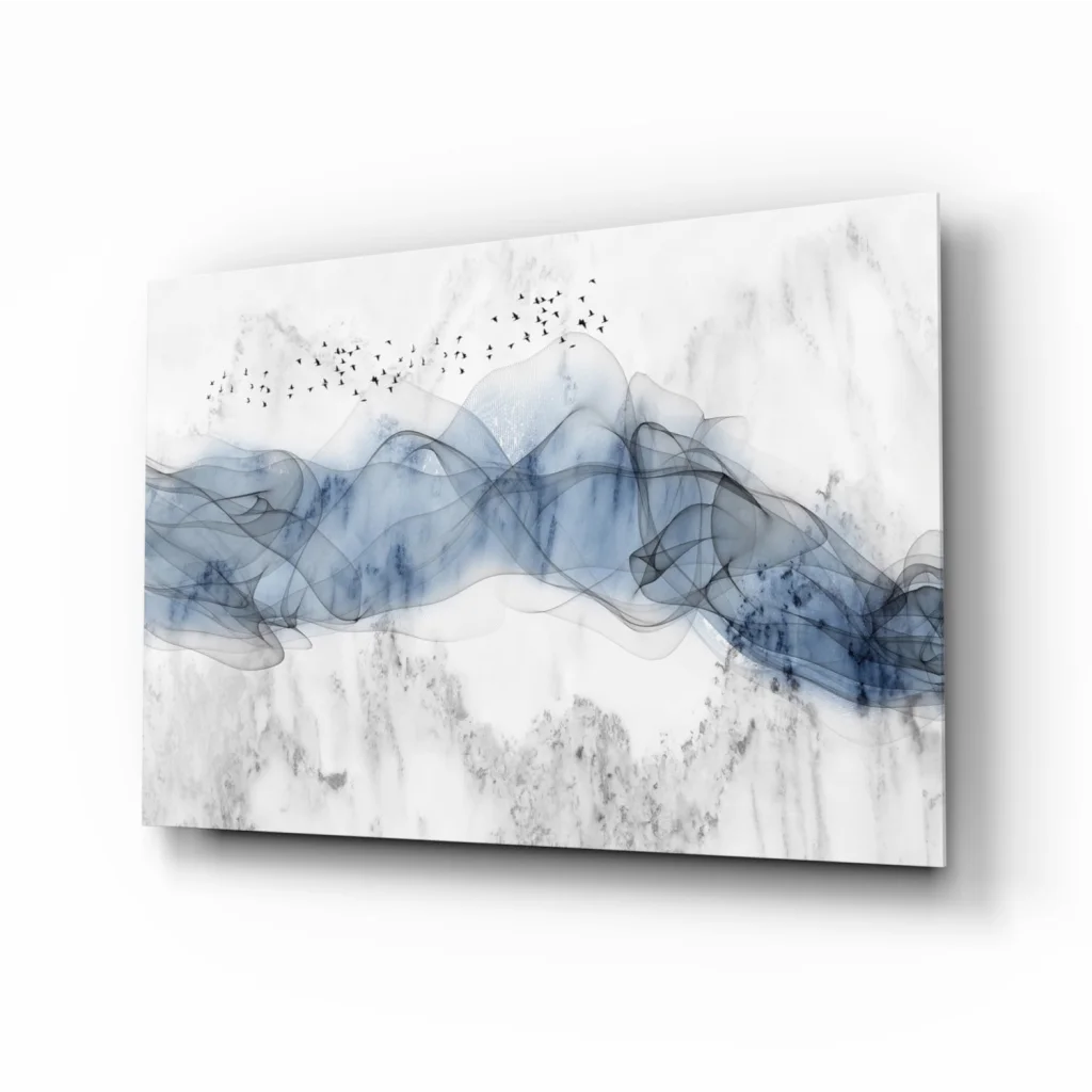 Modern blue marble birds in flight glass wall art canvas print