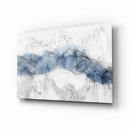 Modern blue marble birds in flight glass wall art canvas print
