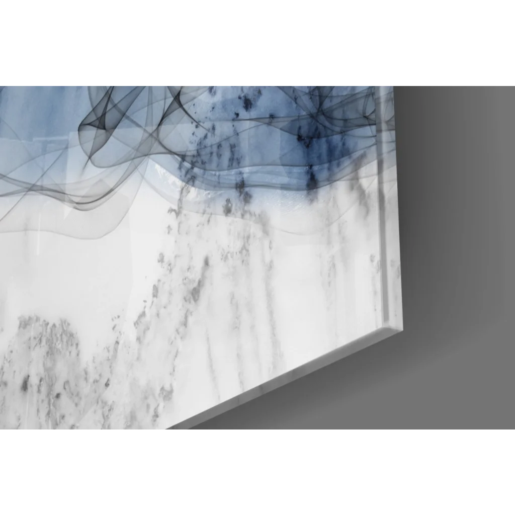 Modern swirling blue ink on white marble glass wall art canvas print