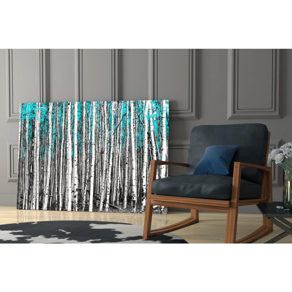 Turquoise aspen forest canvas wall art print on glass wall