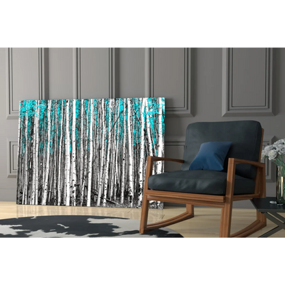 Turquoise aspen forest canvas wall art print on glass wall