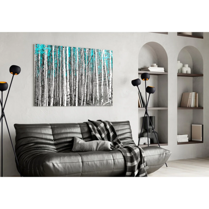 Modern black leather sofa with quilted design and gray plaid throw, near Turquoise Aspen Forest wall art