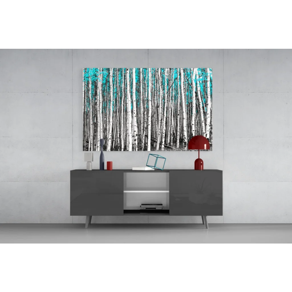 Turquoise aspen forest canvas wall art print with birch trees