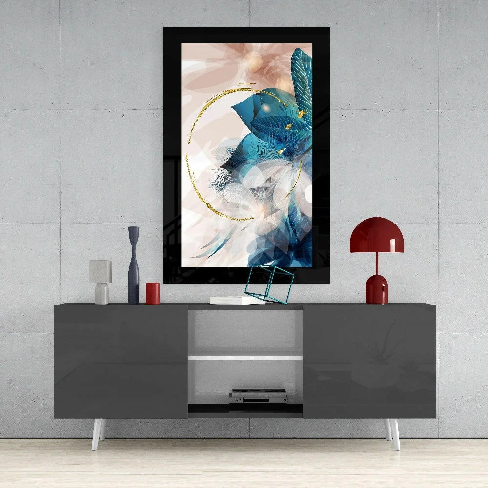 Modern blue geometric floral glass wall art with gold accents