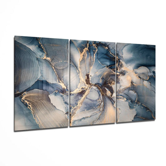 Stunning blue gold swirled glass wall art triptych with glossy gradients