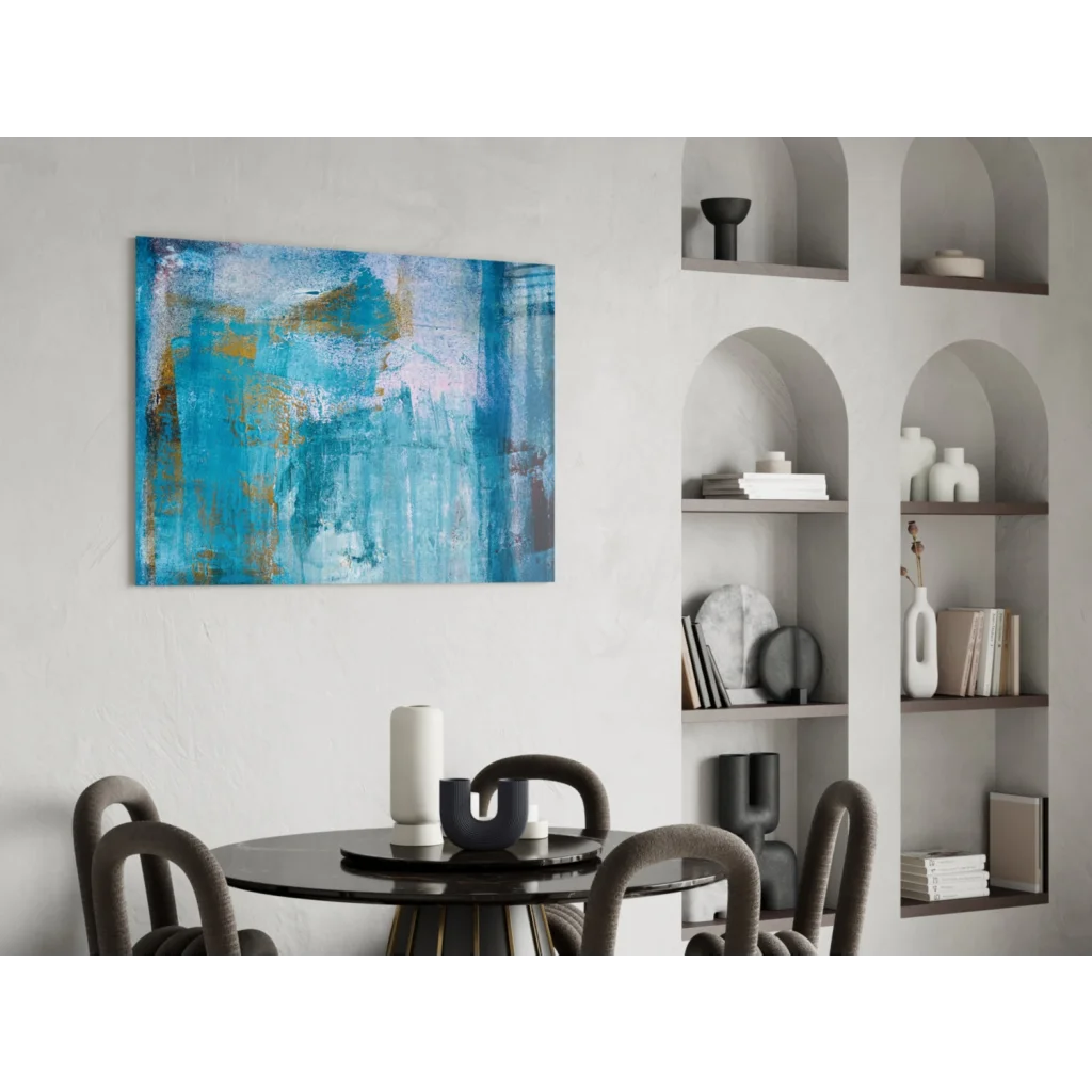 Vibrant teal and gold abstract wall art canvas with swirling blues and whites
