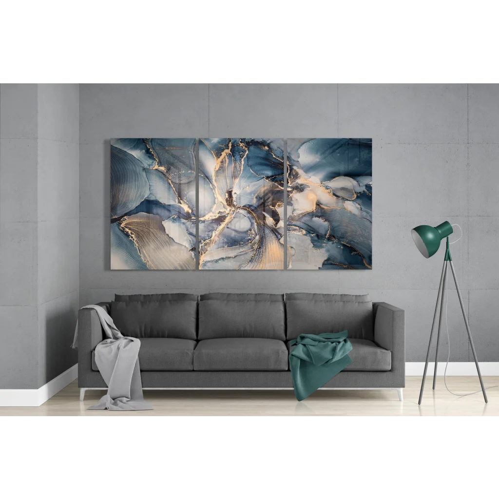 Stunning blue gold swirled glass wall art triptych with marbled swirls
