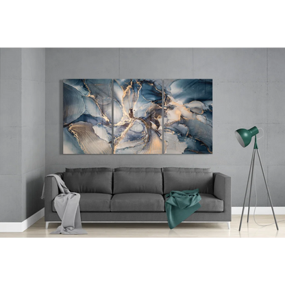 Stunning blue gold swirled glass wall art triptych with marbled swirls