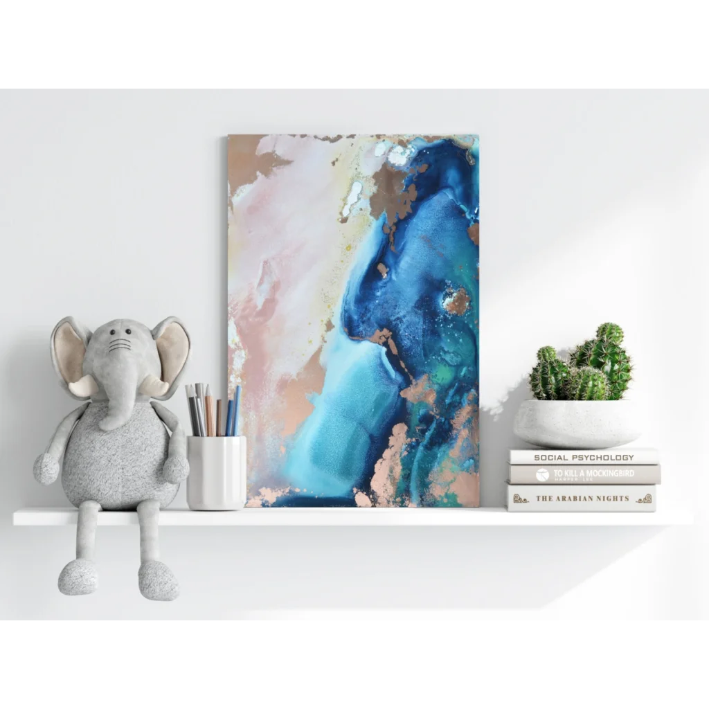 Blue gold abstract aluminum print with textured liquid metallic design