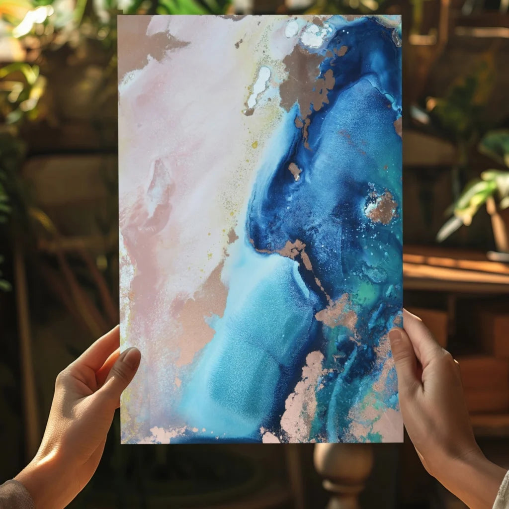 Blue and pink abstract art print on textured liquid aluminum