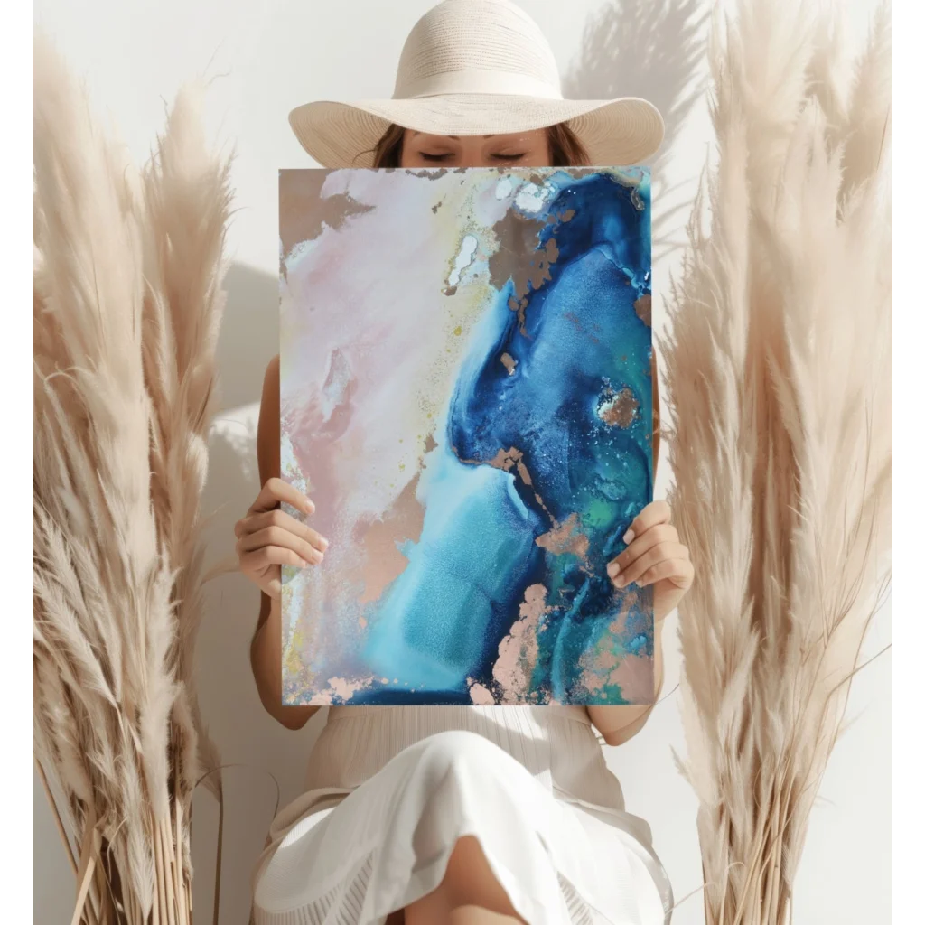 Blue gold abstract aluminum print with textured liquid design