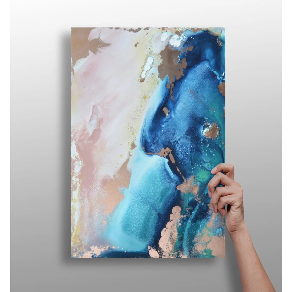 Blue Gold Abstract Aluminum Print with textured liquid design