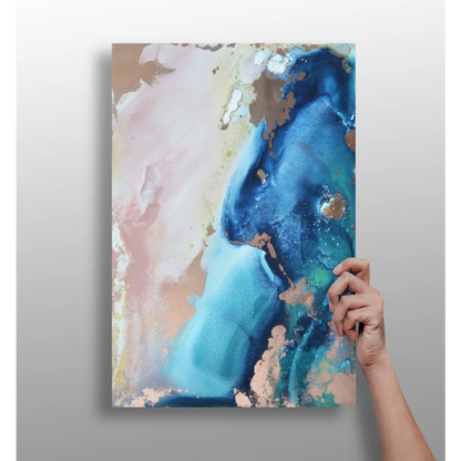 Blue Gold Abstract Aluminum Print with textured liquid design