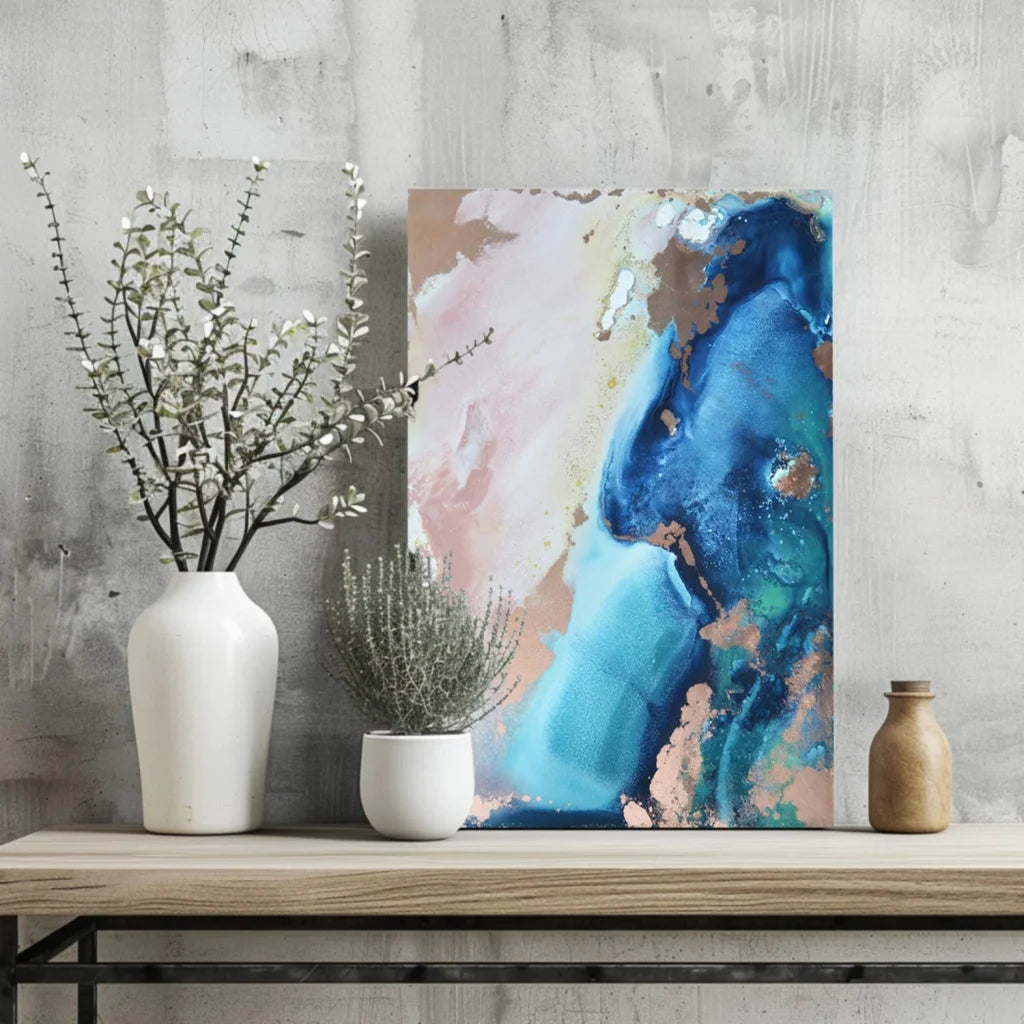 Blue gold abstract aluminum print with textured liquid design