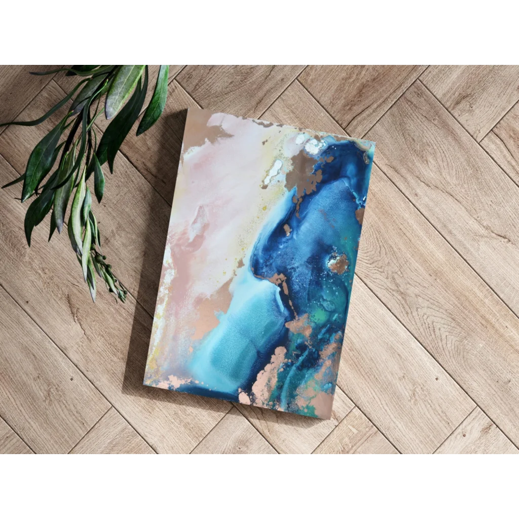 Blue gold abstract aluminum print with textured liquid canvas design