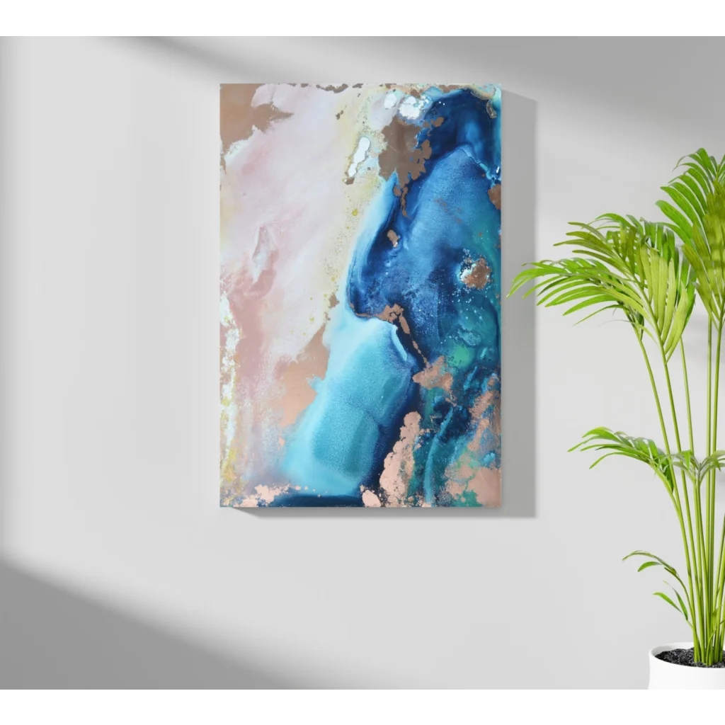 Blue and pink abstract painting on canvas with gold textured liquid design