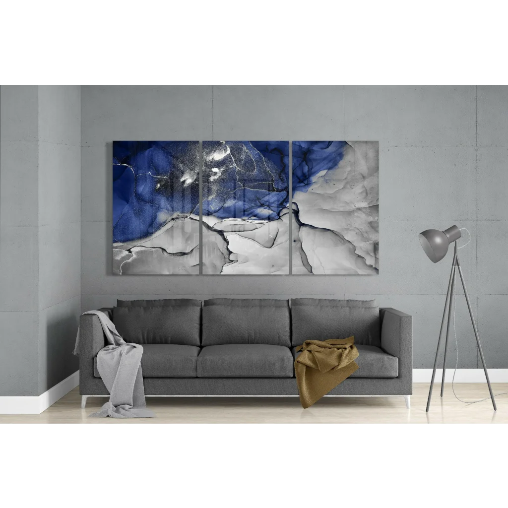 Stunning blue silver glass wall art triptych set