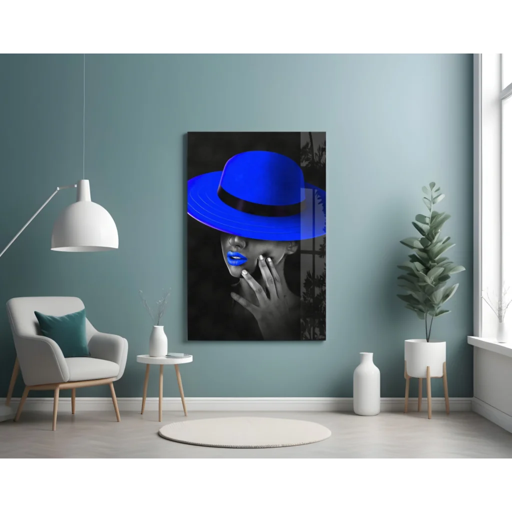 Vibrant blue fedora portrait glass wall art canvas print