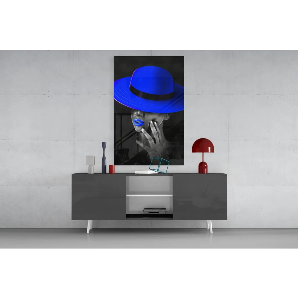 Vibrant blue fedora portrait in pop-art style glass wall art