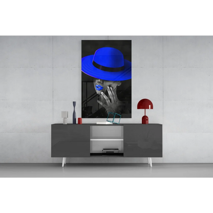 Vibrant blue fedora portrait in pop-art style glass wall art