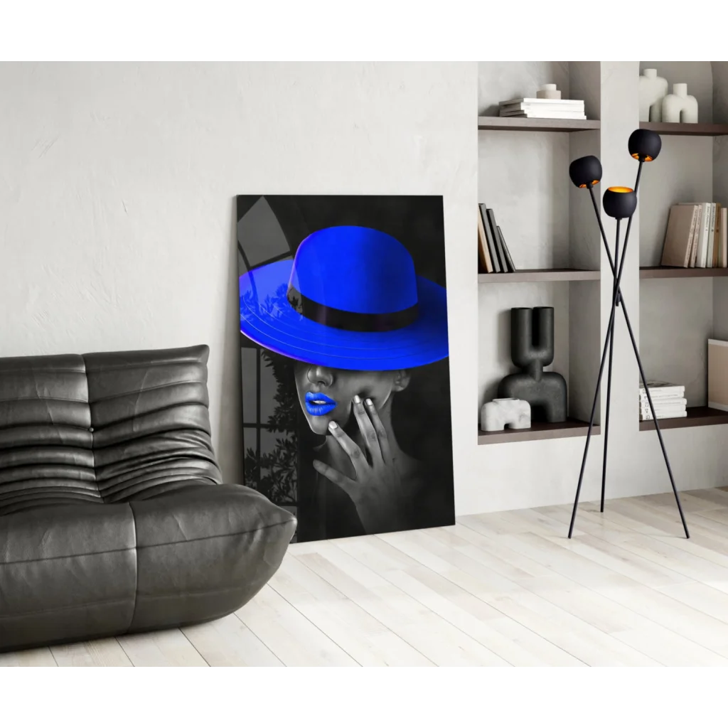 Vibrant blue fedora portrait on glass wall art canvas print