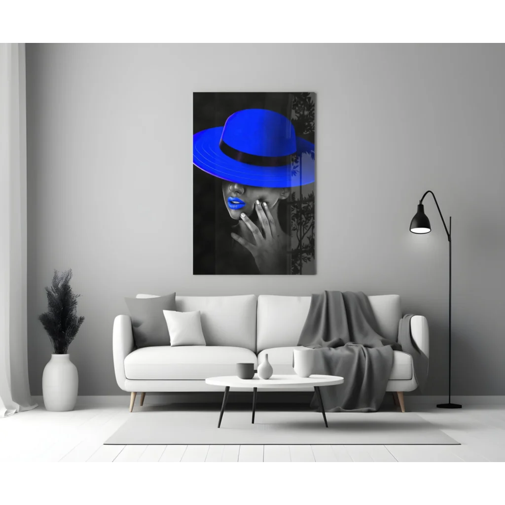 Stunning blue fedora portrait glass wall art canvas print
