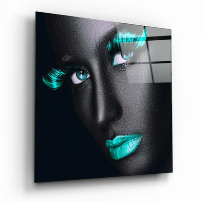 Stunning teal glowing eyes portrait on glass wall art