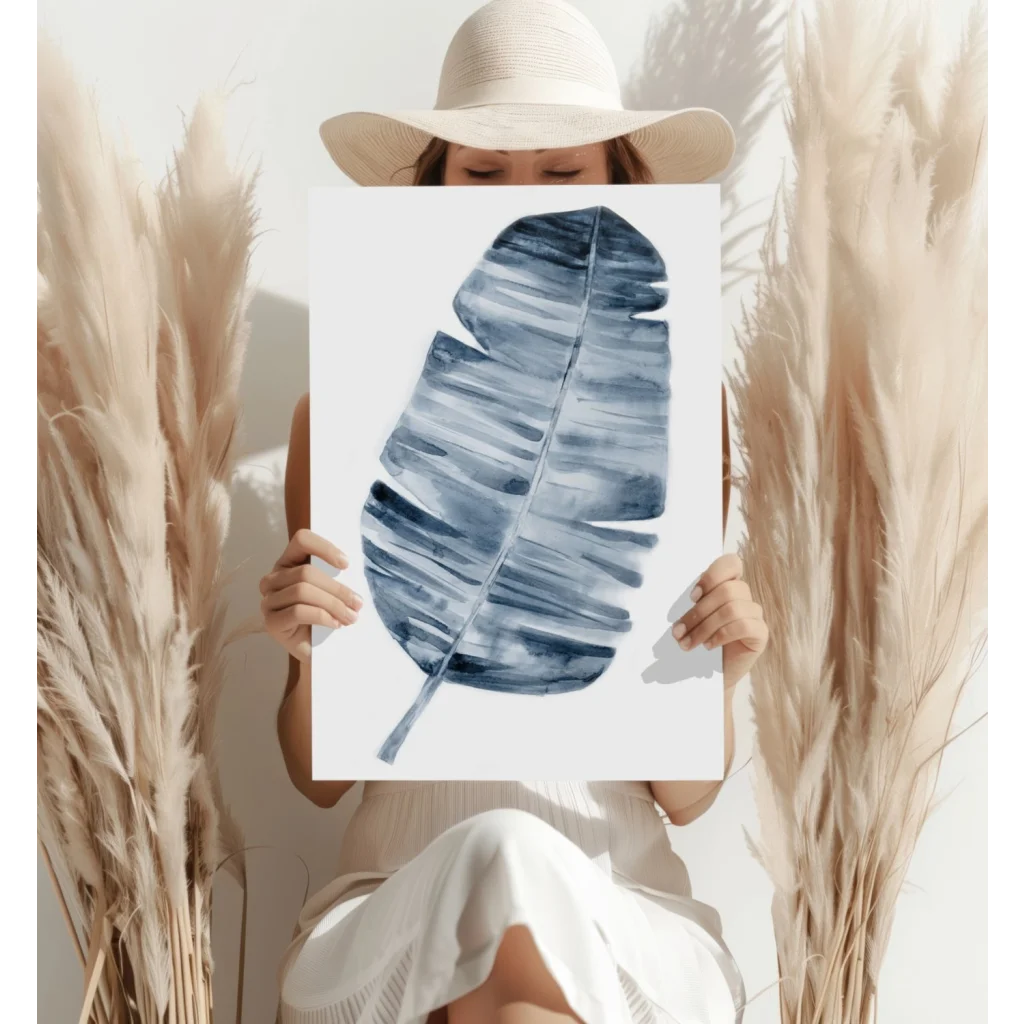 Blue leaf watercolor painting on aluminum print for tropical vibes