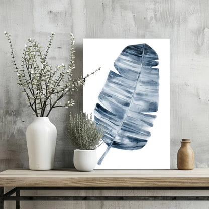 Blue leaf aluminum print on white background brings tropical vibes