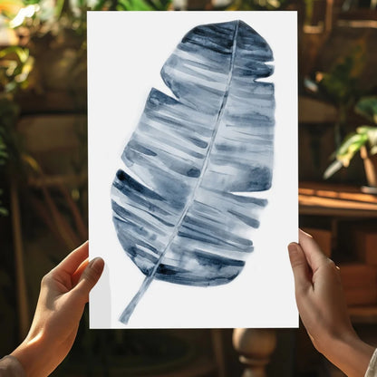 Blue leaf print on white background in tropical aluminum art