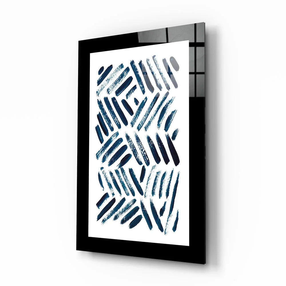 Bold navy brushstroke glass wall art in sleek black frame