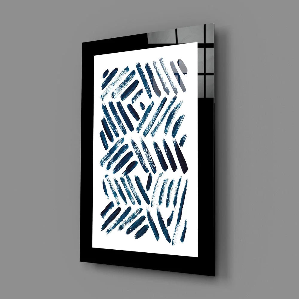 Bold navy brushstroke glass wall art with textured blue-black strokes on white