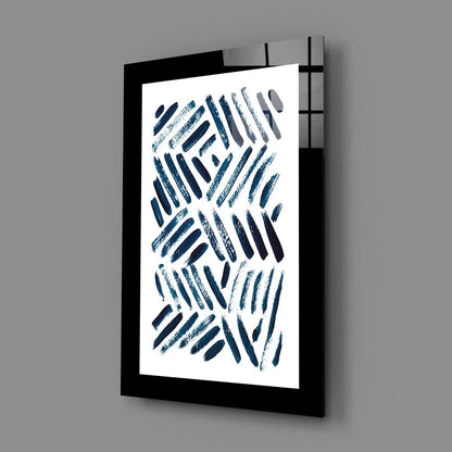 Bold navy brushstroke glass wall art with textured blue-black strokes on white