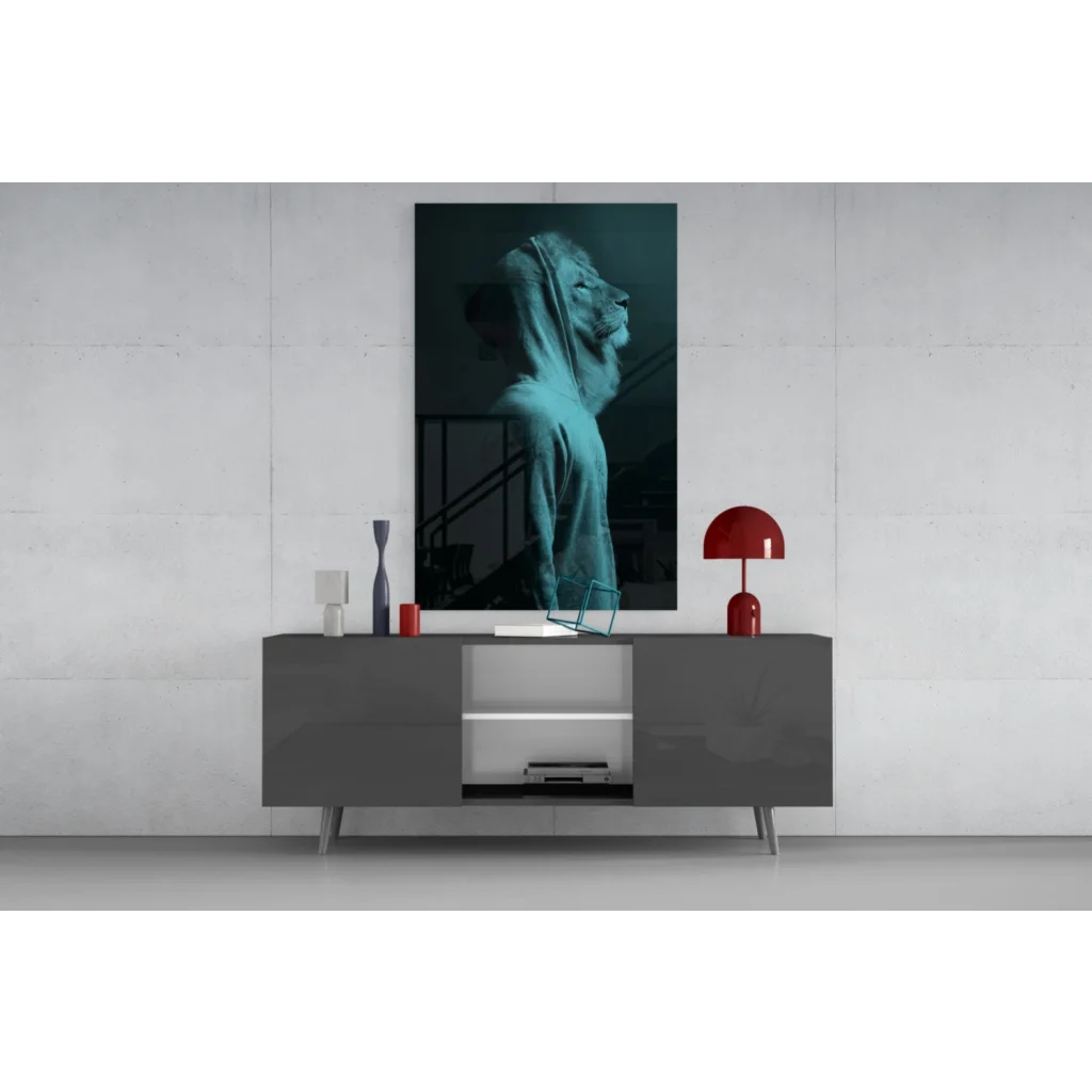 Teal hooded lion profile canvas wall art on gray console