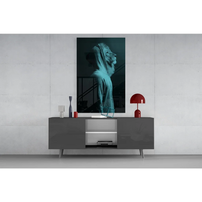 Teal hooded lion profile canvas wall art on gray console