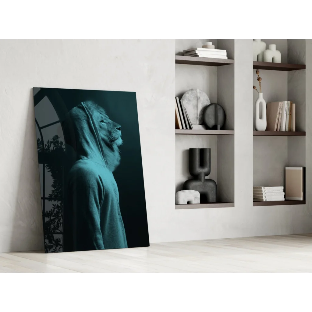 Teal hooded lion canvas wall art print