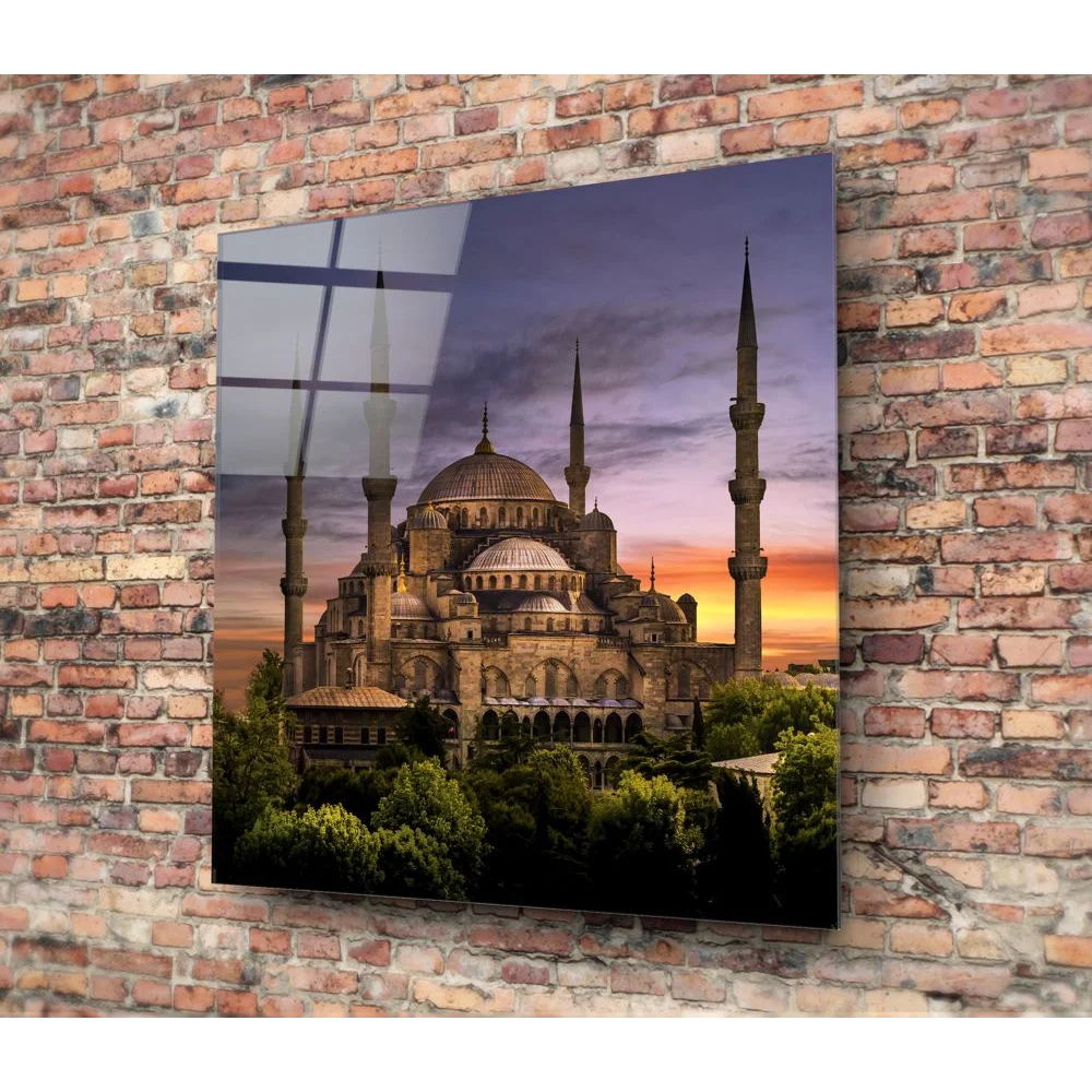 Blue Mosque sunset on tempered glass art panel