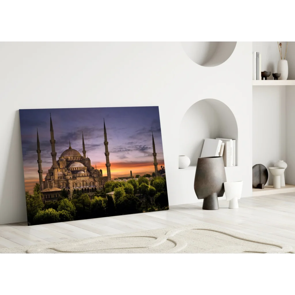 Blue Mosque sunset on glass wall art print