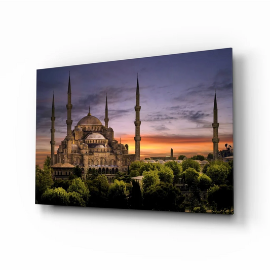 Blue Mosque Sunset Glass Wall Art Print | Insigneart USA | vintageantiquesgifts.com
