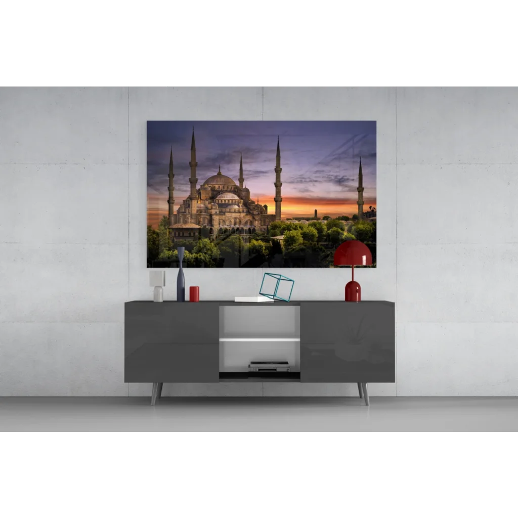 Blue Mosque sunset glass wall art with vibrant domes and colorful sky