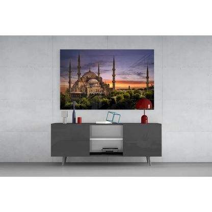 Blue Mosque sunset glass wall art with vibrant domes and colorful sky
