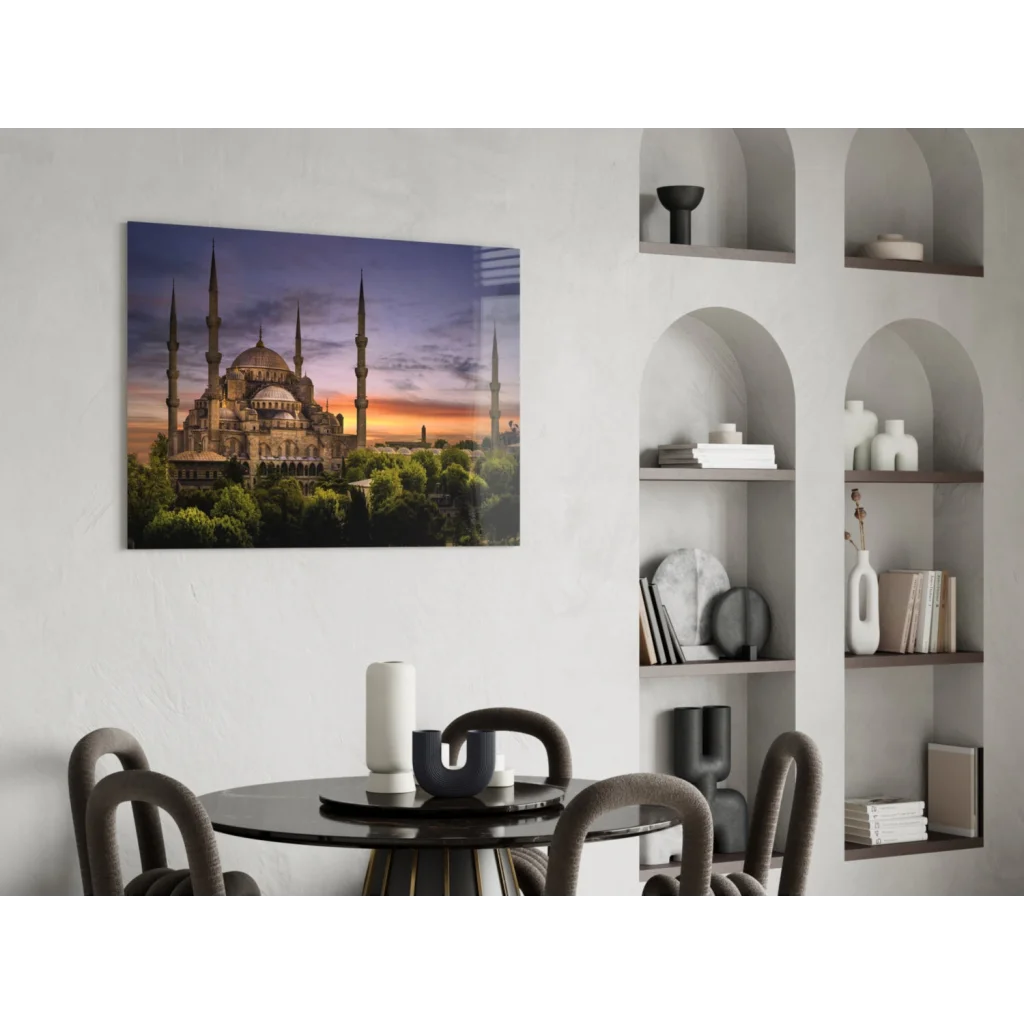 Blue Mosque sunset glass wall art print with domes and minarets