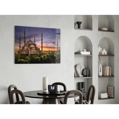 Blue Mosque sunset glass wall art print with domes and minarets